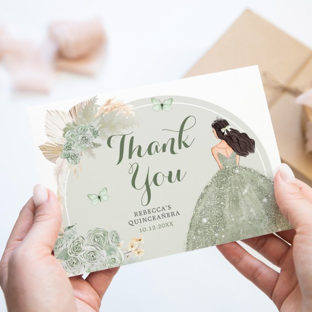 Boho Sage Green Floral Princess Quinceañera Thank You Card (Creator Uploaded)