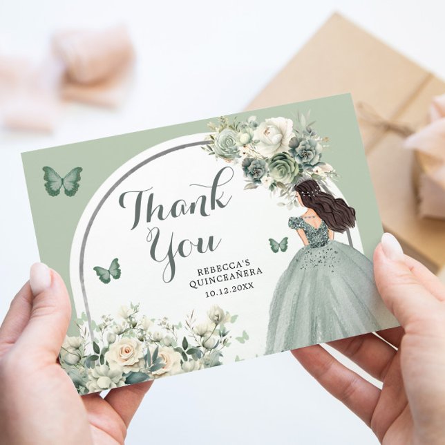 Boho Sage Green Floral Princess Quinceañera Thank You Card (Creator Uploaded)