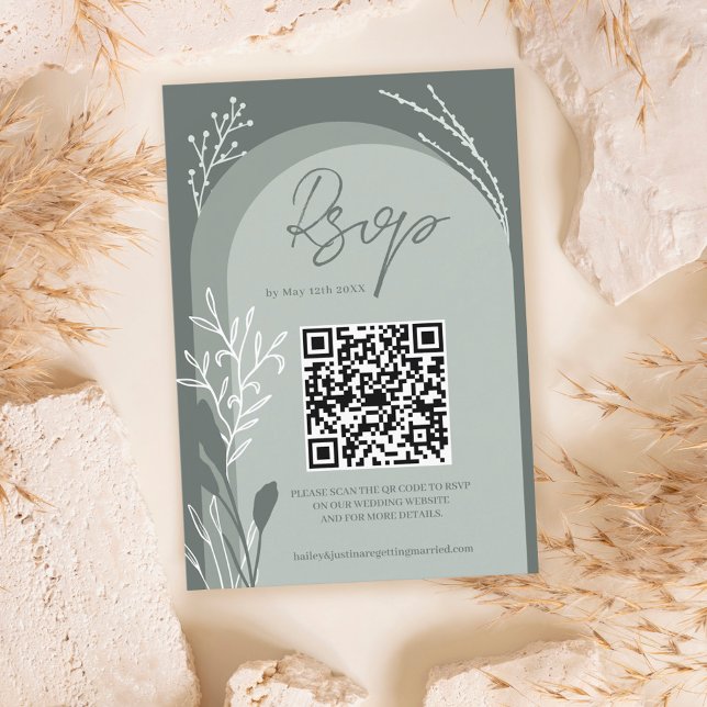 Boho sage green floral Qr code script arch wedding RSVP Card (Creator Uploaded)