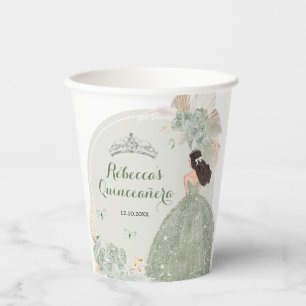 Boho Sage Green Floral Quinceañera Paper Cups