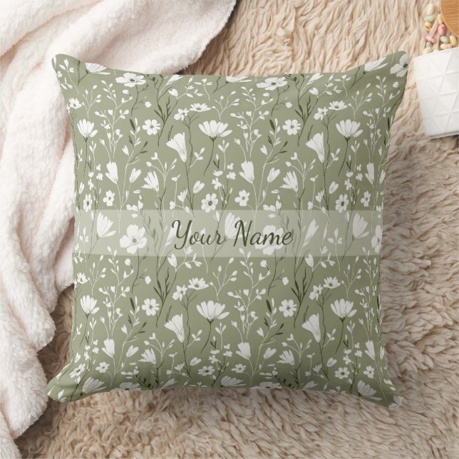 Boho Sage Green Floral Wildflowers Personalized Cushion (Blanket)