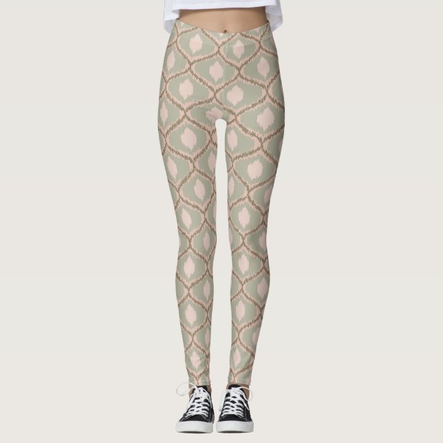 Boho Sage Green Geometric Pattern Leggings (Front)