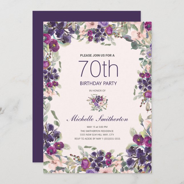 Boho Sage Green Leaves Purple Pink Floral 70th Invitation (Front/Back)