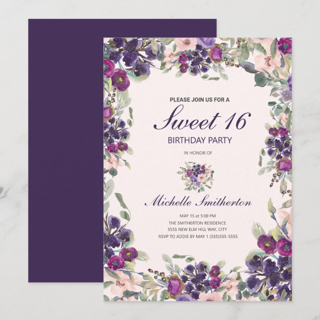 Boho Sage Green Leaves Purple Pink Floral Sweet 16 Invitation (Front/Back)
