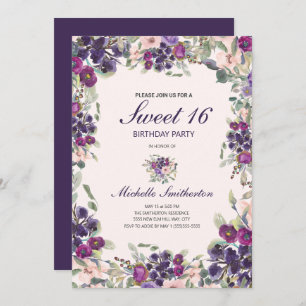 Boho Sage Green Leaves Purple Pink Floral Sweet 16 Invitation