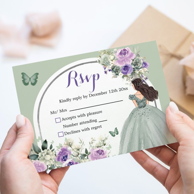 Boho Sage Green Lilac Floral Princess XV Años RSVP (Creator Uploaded)