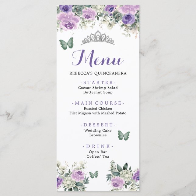 Boho Sage Green Lliac Roses Princess XV Años Menu (Front)