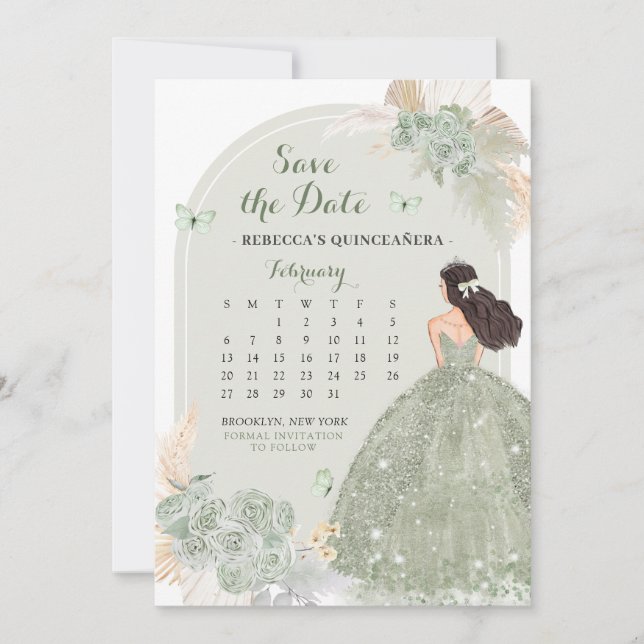 Boho Sage Green Mis Quince Save The Date Calendar Invitation (Front)