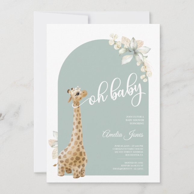 Boho Sage Green Pampas Grass Giraffe Baby Shower Invitation (Front)