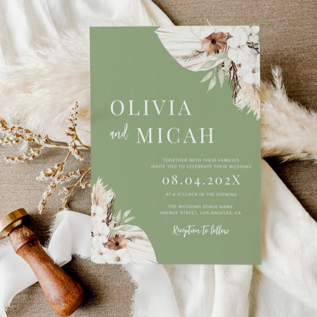 Boho sage green pampas wedding invitation (Creator Uploaded)