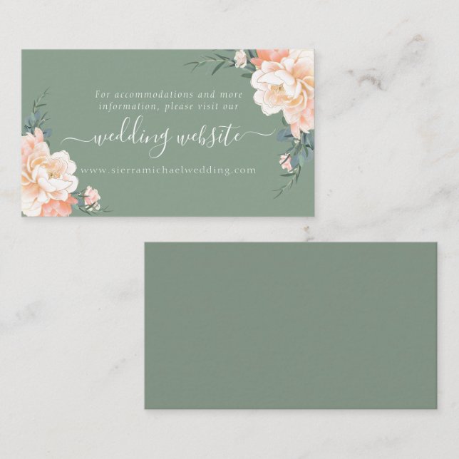 Boho Sage Green Peach Cream Floral Wedding Website Enclosure Card (Front/Back)