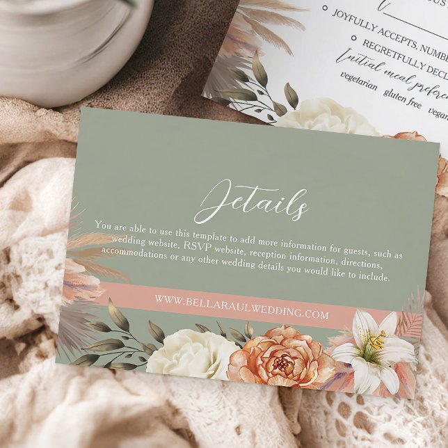 Boho Sage Green Peach Floral Wedding Details Card (Creator Uploaded)