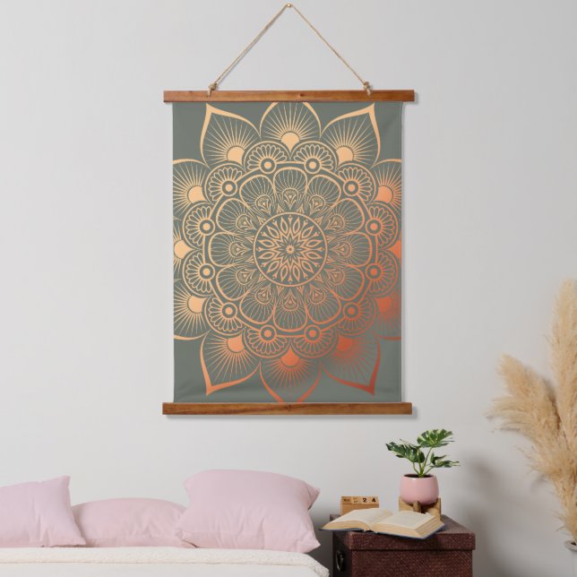 Boho Sage Green Peach Mandala Wood Topped Hanging Tapestry (Bedroom)