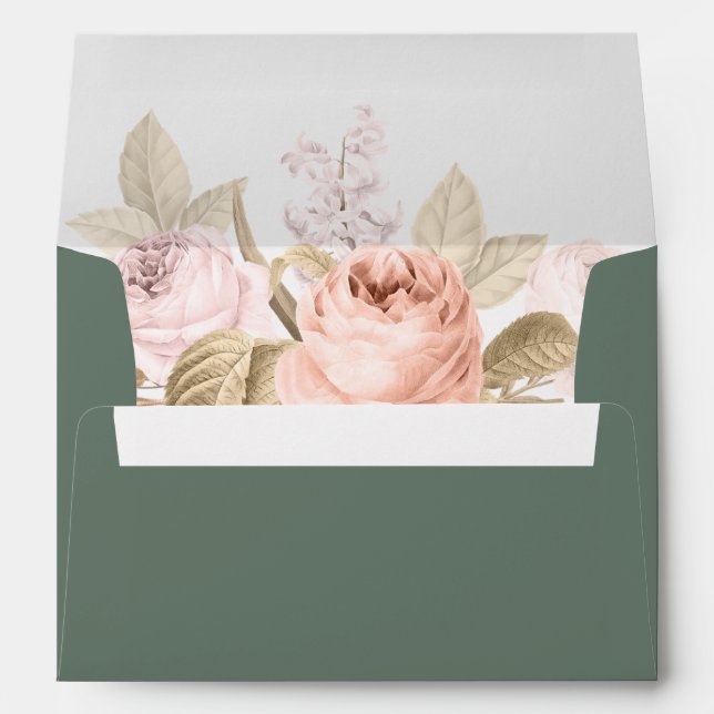 Boho Sage Green Peonies Wedding Envelope (Back (Bottom))