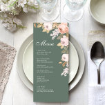 Boho Sage Green Peonies Wedding Menu Card<br><div class="desc">Elevate your dining experience with our Boho Sage Green Peonies Wedding Menu Card. This beautifully designed card showcases the same enchanting pink peony motif from our collection, setting the tone for a memorable culinary journey. Customise the menu to suit your wedding's culinary delights, and add an elegant touch to each...</div>