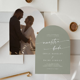 Boho Sage Green Photo Arch Spanish Wedding Invitation