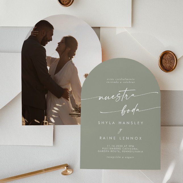 Boho Sage Green Photo Arch Spanish Wedding Invitation (Creator Uploaded)