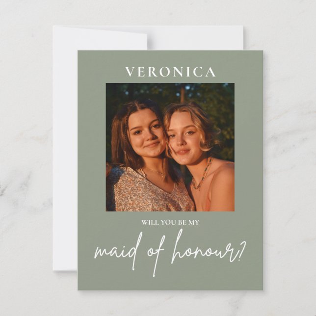 Boho Sage Green Photo Maid of Honour Proposal Card (Front)
