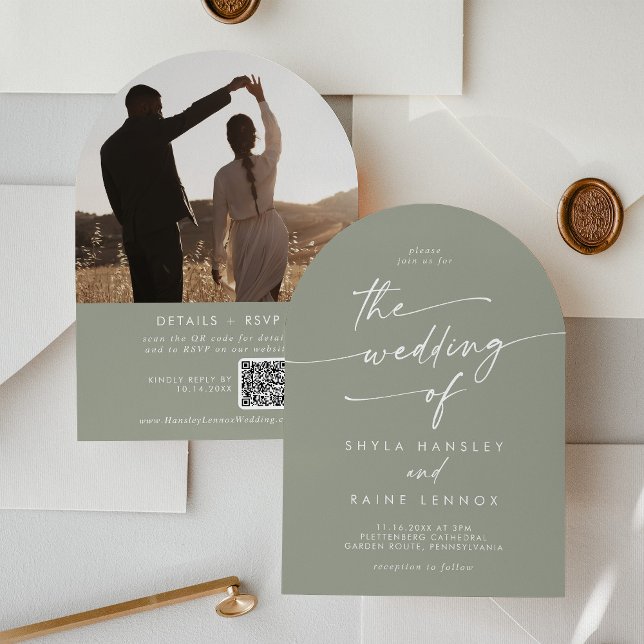 Boho Sage Green Photo QR Code Arch Wedding Invitation (Creator Uploaded)