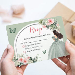 Boho Sage Green Pink Floral Princess XV Años  RSVP Card