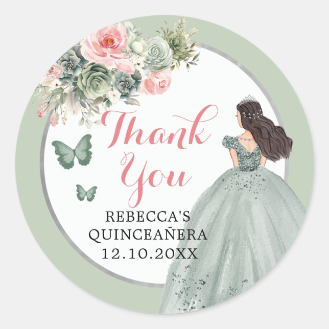 Boho Sage Green Pink Girl Floral Quinceañera  Classic Round Sticker (Front)