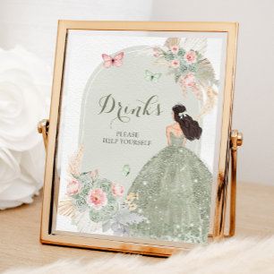 Boho Sage Green Pink Quinceañera Drinks Poster