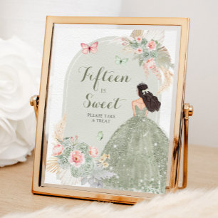 Boho Sage Green Pink Quinceañera Fifteen is Sweet Poster