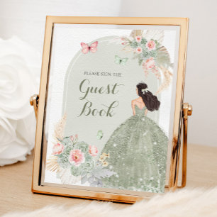 Boho Sage Green Pink Quinceañera Guest Book