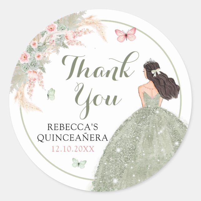 Boho Sage Green Pink Quinceañera Thank You Classic Round Sticker (Front)