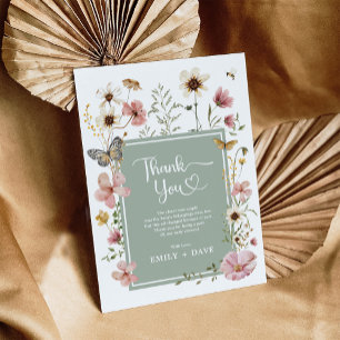 Boho Sage Green Pink Wildflower Garden Baby Shower Thank You Card