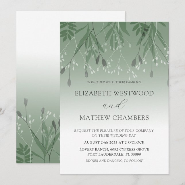 Boho Sage Green Pressed Foliage Wedding Invitation (Front/Back)