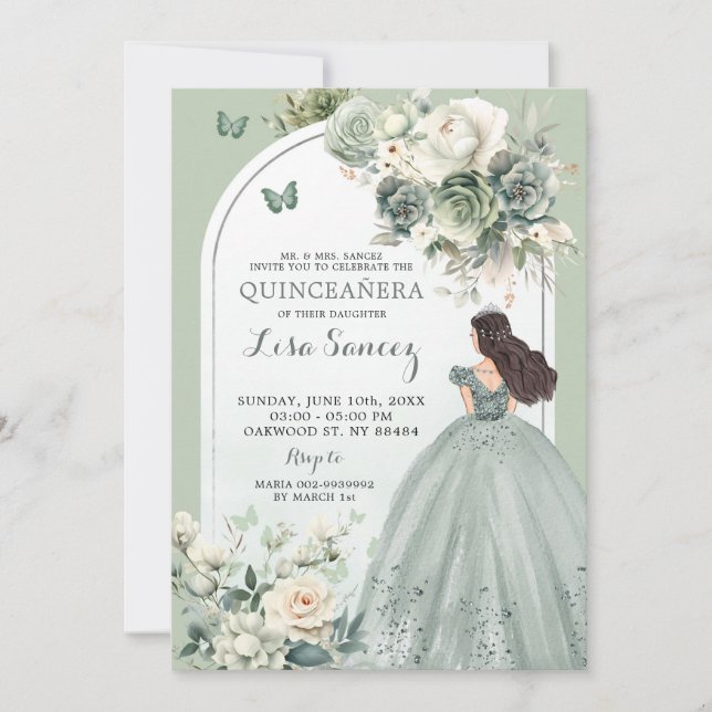 Boho Sage Green Princess Butterfly Quinceañera Invitation (Front)