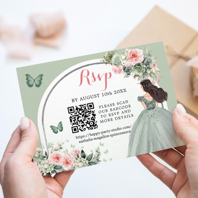 Boho Sage Green Princess Girl 15 Años QR RSVP Card (Creator Uploaded)