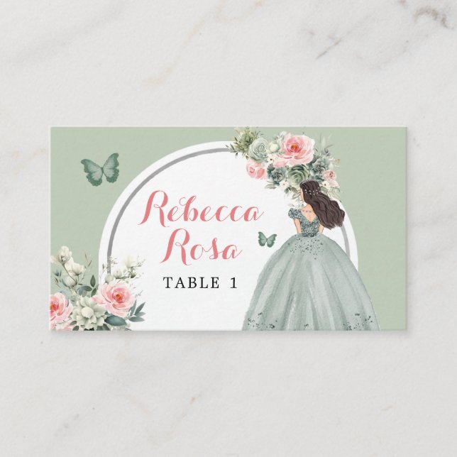 Boho Sage Green Princess Quinceañera Floral Place Card (Front)