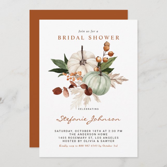 Boho Sage Green Pumpkins Fall Bridal Shower Invitation (Front/Back)