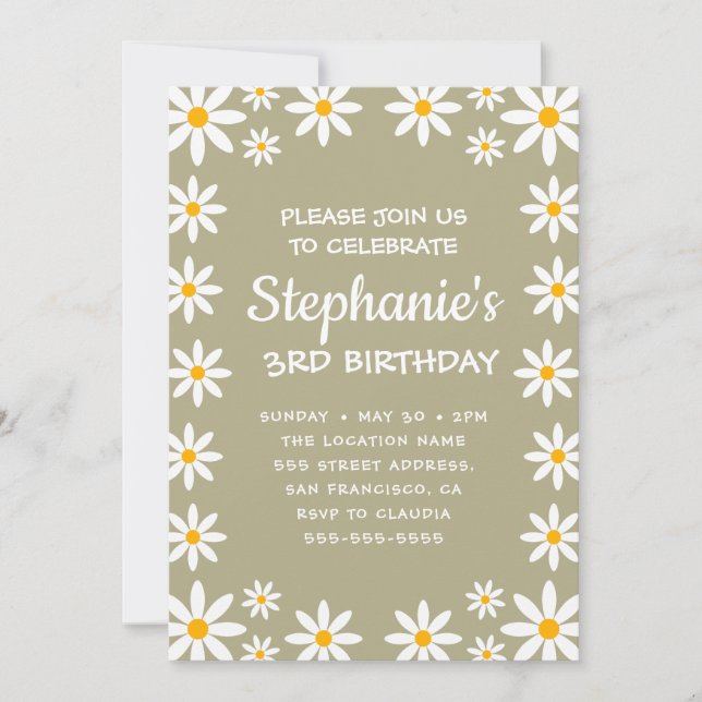 Boho Sage Green Retro Daisies Birthay Party  Invitation (Front)