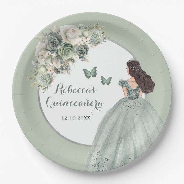 Boho Sage Green Royal Princess Girl Sweet 16 Años Paper Plate (Front)