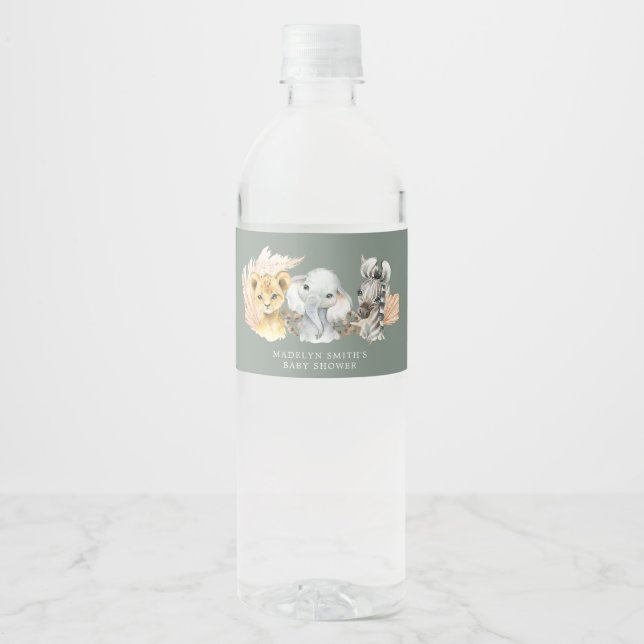 Boho Sage Green Safari Oh Boy Water Bottle Water Bottle Label (Front)