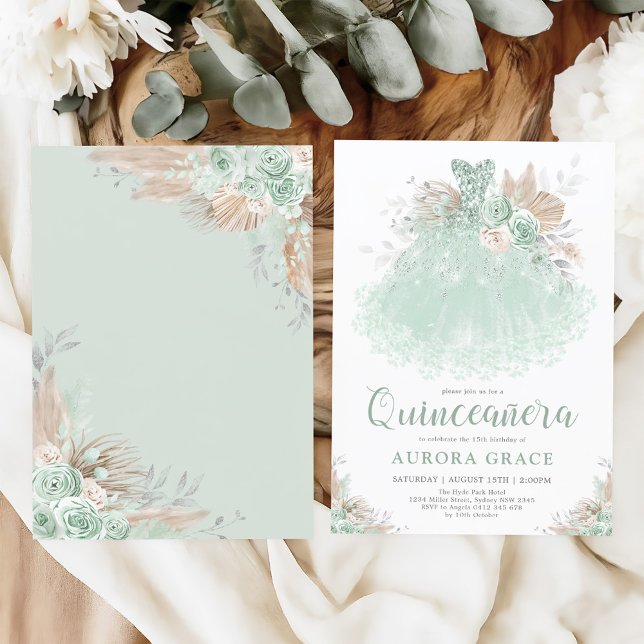 Boho Sage Green Silver Quinceañera Princess Dress Invitation (Creator Uploaded)