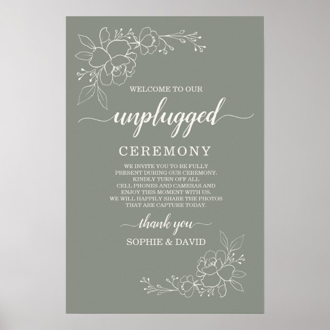 Boho Sage Green Unplugged Wedding Ceremony Sign (Front)
