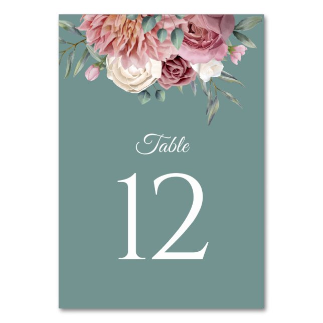 Boho Sage Green Watercolor Flowers Table Number (Front)