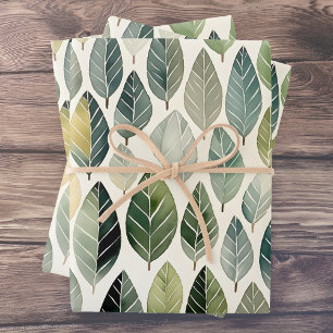Boho Sage Green Watercolor Leaf Pattern Wrapping Paper Sheet