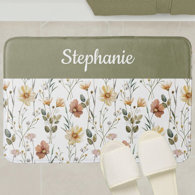 Boho Sage Green Watercolor Wildflower Monogram Bath Mat (Creator Uploaded)