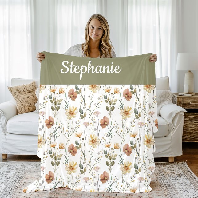 Boho Sage Green Watercolor Wildflower Monogram Fleece Blanket (Creator Uploaded)