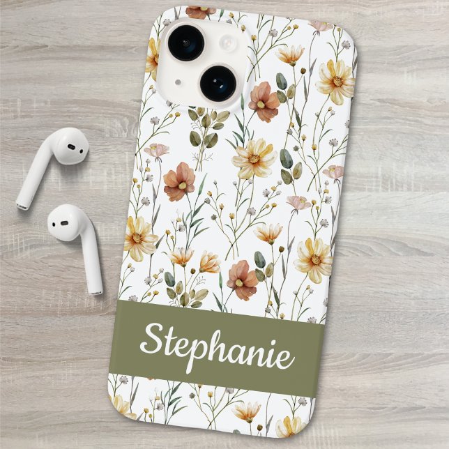 Boho Sage Green Watercolor Wildflower Name Case-Mate iPhone Case (Creator Uploaded)