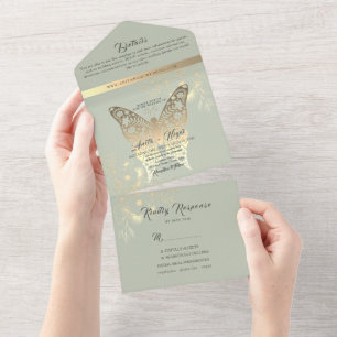 Boho Sage Green Wedding All In One Invitation