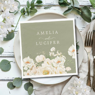 Boho Sage Green White Ivory Floral Wedding Napkin