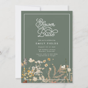 Boho Sage Green Wildflower Butterfly Bridal Shower Invitation