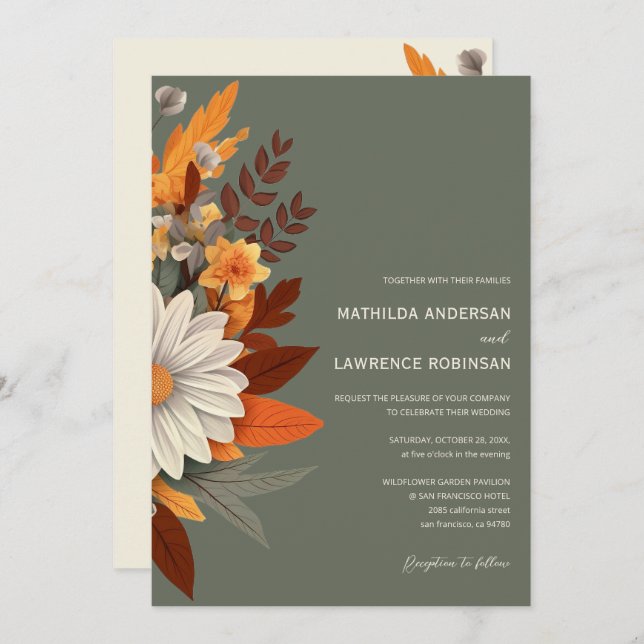 Boho Sage Green Wildflower Floral Fall Wedding  Invitation (Front/Back)