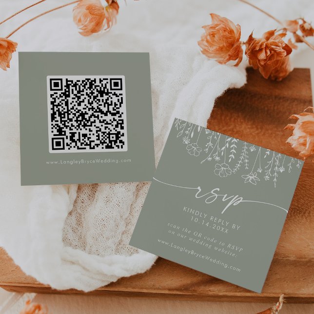 Boho Sage Green Wildflower Wedding QR Code RSVP  Enclosure Card (Creator Uploaded)